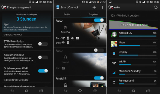 Screenshot SONY Xperia Z, Akkumanagement und NFC-Einstellungen.