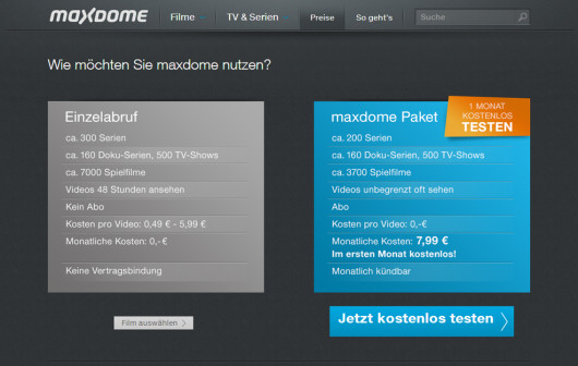 Das "Flatrate"-Angebot von maxdome (Screenshot: maxdome.de)