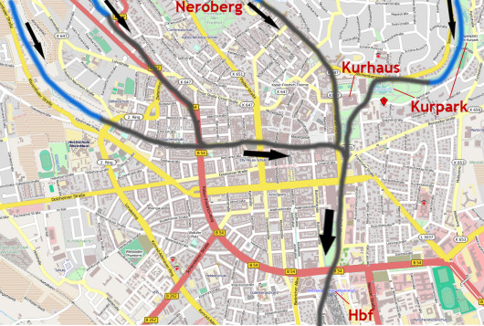 Im Detail: Kanalnetz unter der Wiesbadener Innenstadt (Karte: openstreetmap.org)