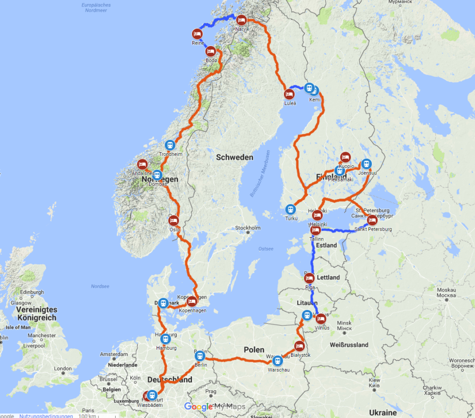 Meine geplante und teils schon absolvierte Route um die Ostsee.