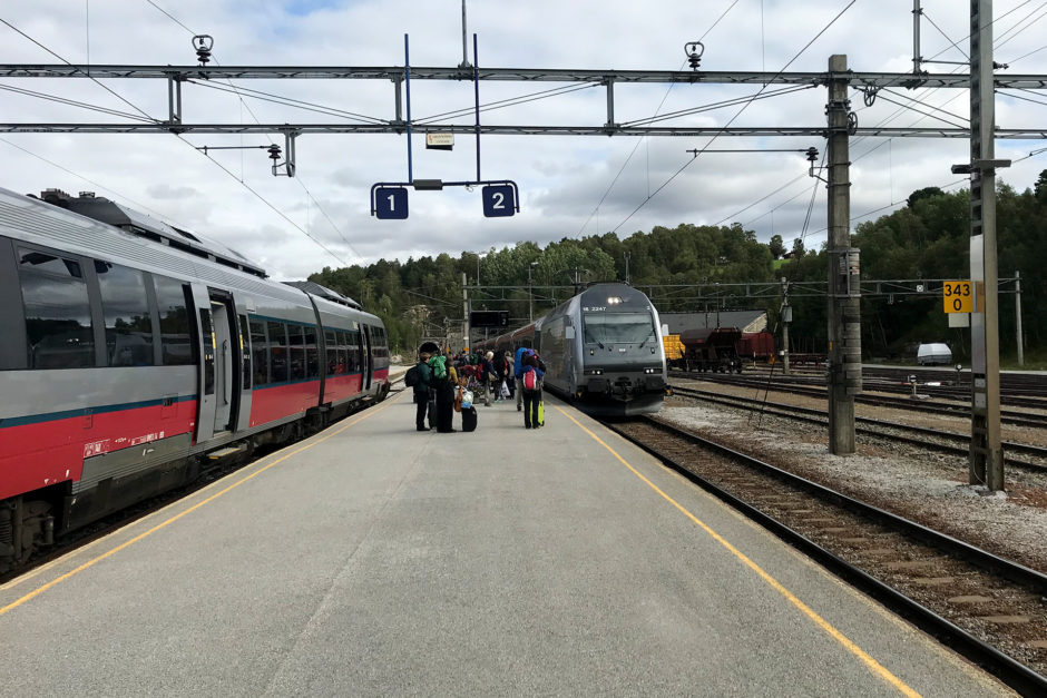 Mein Zug links und der einfahrende IC nach Oslo rechts.
