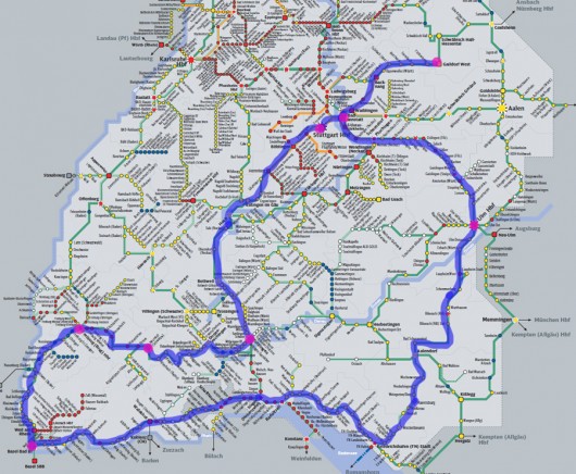 Rundfahrt durch den Süden Baden-Württembergs. (Karte © Deutsche Bahn)